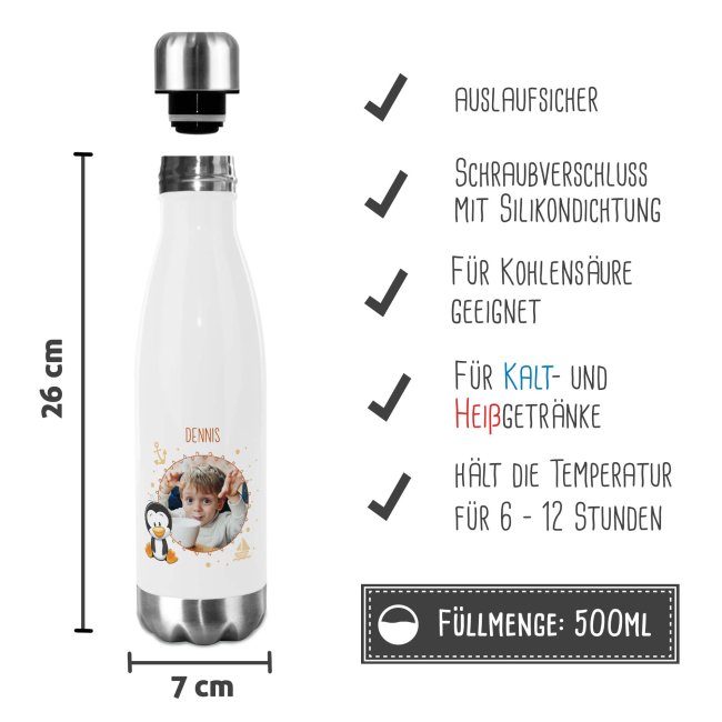 Trinkflasche aus Edelstahl f&uuml;r Kinder - mit Bild und Name - Pinguin - 500 ml