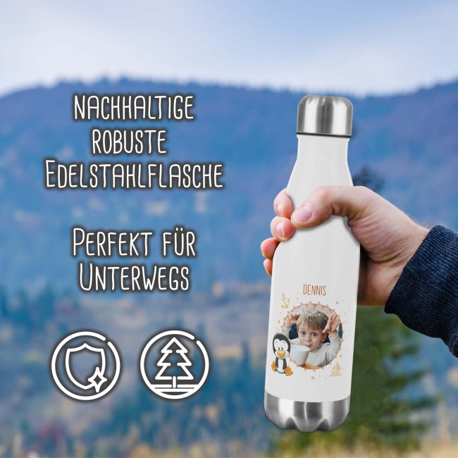 Trinkflasche aus Edelstahl f&uuml;r Kinder - mit Bild und Name - Pinguin - 500 ml