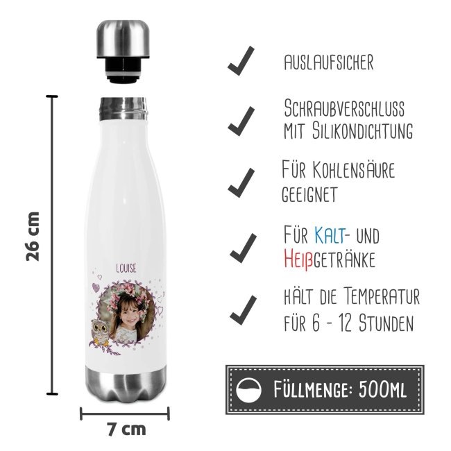 Trinkflasche aus Edelstahl f&uuml;r Kinder - mit Bild und Name - Eule - 500 ml