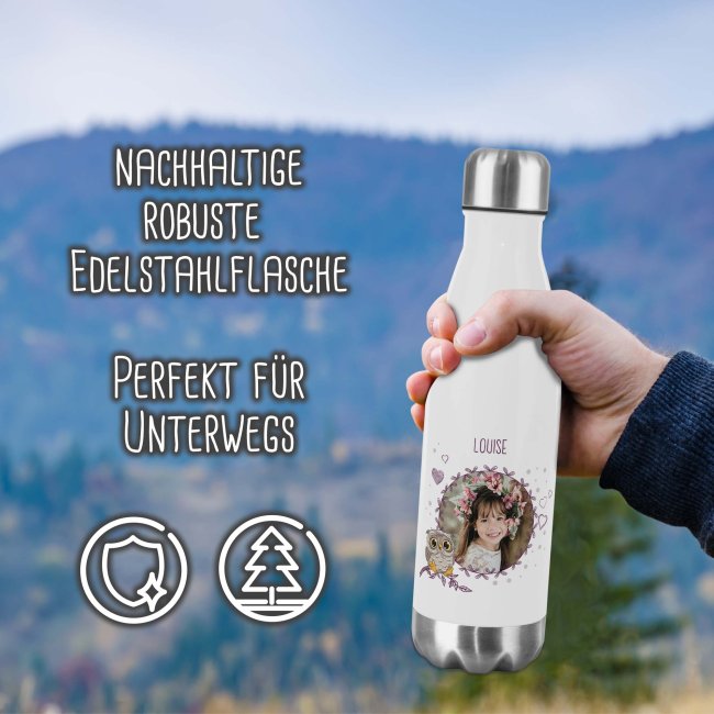 Trinkflasche aus Edelstahl f&uuml;r Kinder - mit Bild und Name - Eule - 500 ml