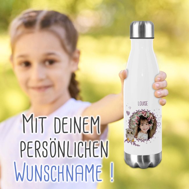 Trinkflasche aus Edelstahl f&uuml;r Kinder - mit Bild und Name - Eule - 500 ml