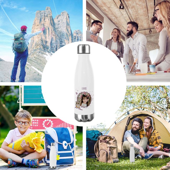 Trinkflasche aus Edelstahl f&uuml;r Kinder - mit Bild und Name - Eule - 500 ml