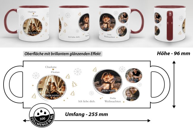 Weihnachtstasse mit Fotocollage, Namen und Wunschtext - Innen &amp; Henkel Weinrot