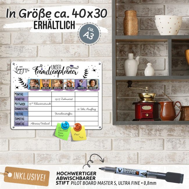 Familienplaner f&uuml;r sechs Familienmitglieder zum selbst Gestalten mit Fotos, Gr&ouml;&szlig;e DIN A3, inkl. abwischbarem Stift