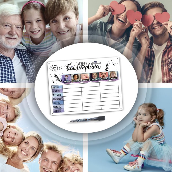 Familienplaner f&uuml;r sechs Familienmitglieder zum selbst Gestalten mit Fotos, Gr&ouml;&szlig;e DIN A3, inkl. abwischbarem Stift