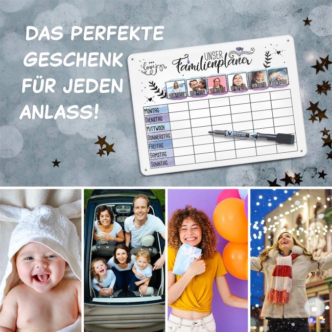 Familienplaner f&uuml;r sechs Familienmitglieder zum selbst Gestalten mit Fotos, Gr&ouml;&szlig;e DIN A3, inkl. abwischbarem Stift