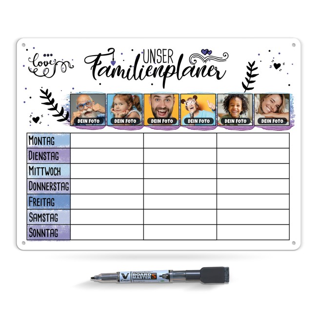 Familienplaner f&uuml;r sechs Familienmitglieder zum selbst Gestalten mit Fotos, Gr&ouml;&szlig;e DIN A3, inkl. abwischbarem Stift