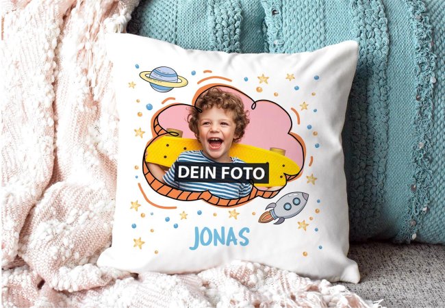 Kinder-Kissen - Rakete - mit Kinderfoto selbst gestalten - R&uuml;ckseite Hellblau