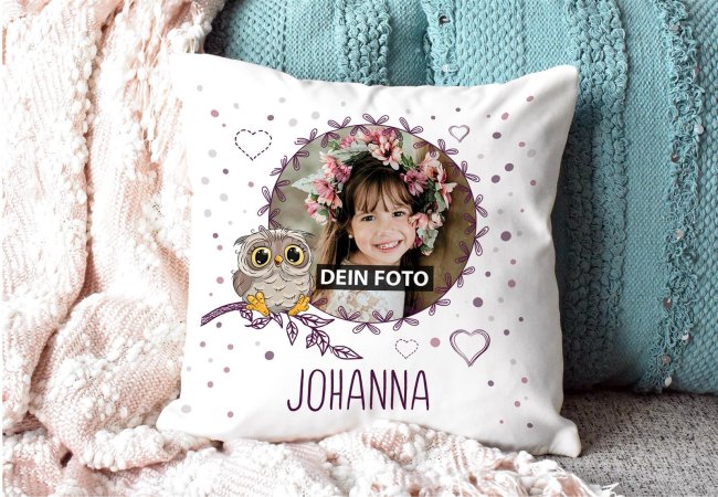 Kinder-Kissen - Eule - mit Kinderfoto selbst gestalten - Wei&szlig;