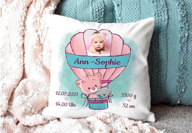 Kissen f&uuml;r M&auml;dchen - Ballon - mit Foto und Geburtsdaten - R&uuml;ckseite Pink