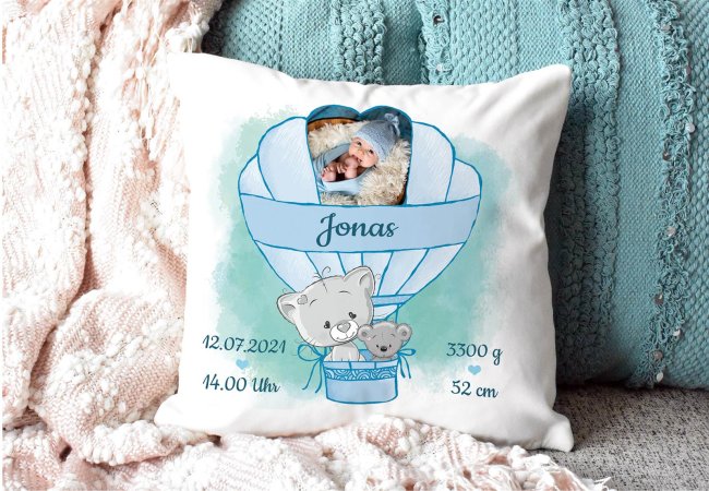 Kissen zur Geburt f&uuml;r Junge - Ballon - personalisierbar mit Geburtsdaten
