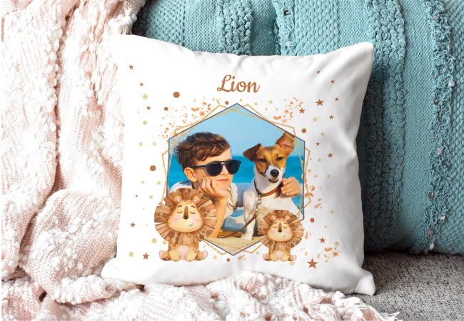 Kinder-Kissen mit F&uuml;llung, L&ouml;we - R&uuml;ckseite Mokka