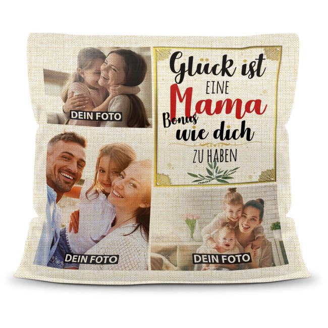 Kissen in Leinenoptik f&uuml;r Frauen - Gl&uuml;ck ist - Bonusmama