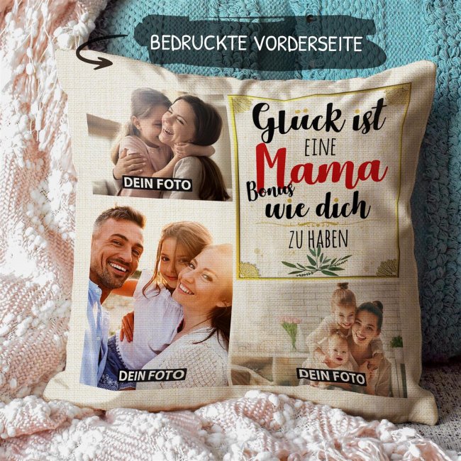 Kissen in Leinenoptik f&uuml;r Frauen - Gl&uuml;ck ist - Bonusmama