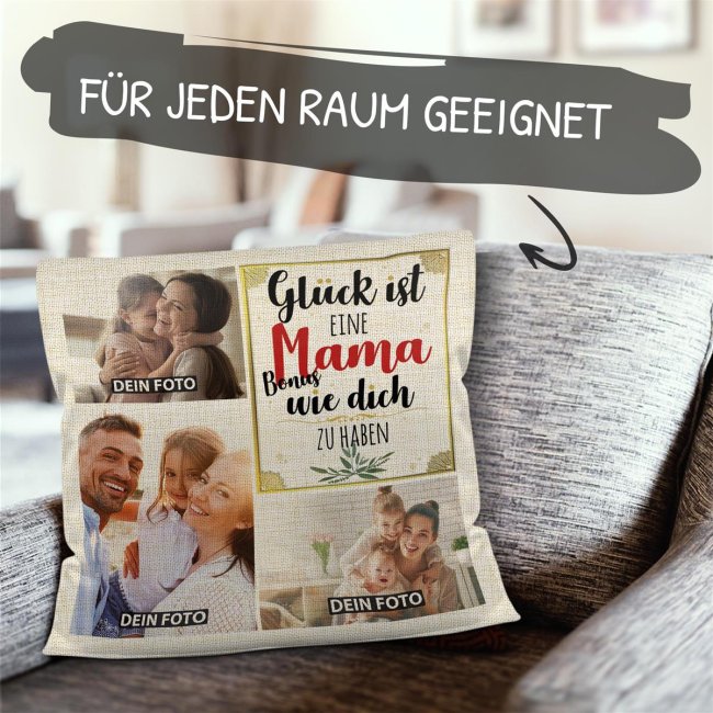 Kissen in Leinenoptik f&uuml;r Frauen - Gl&uuml;ck ist - Bonusmama
