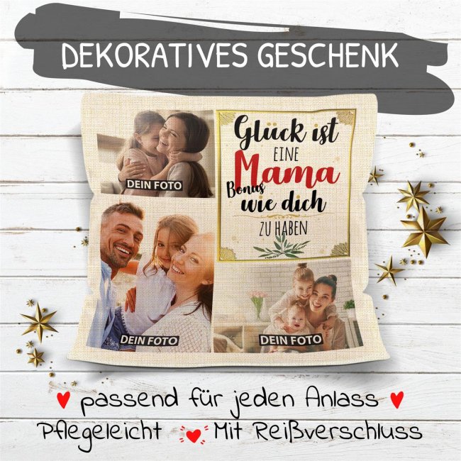 Kissen in Leinenoptik f&uuml;r Frauen - Gl&uuml;ck ist - Bonusmama
