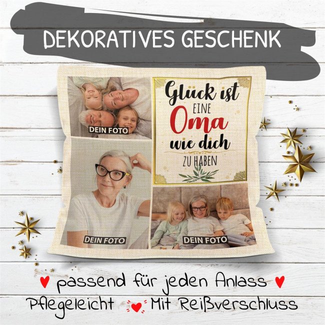 Kissen in Leinenoptik f&uuml;r Frauen - Gl&uuml;ck ist - Oma