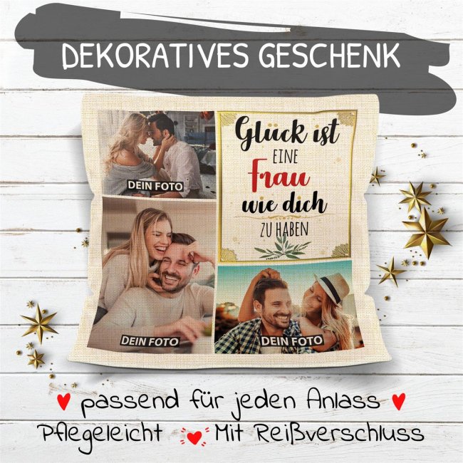 Kissen in Leinenoptik f&uuml;r Frauen - Gl&uuml;ck ist - Frau