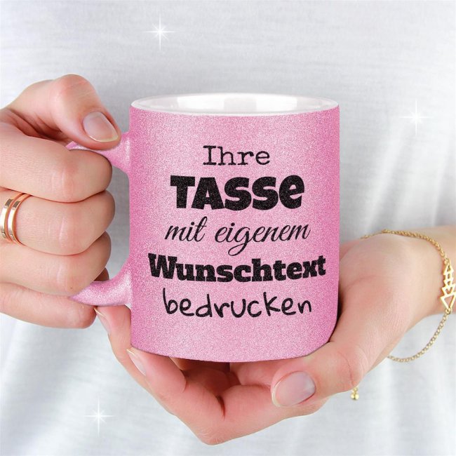 Glitzertasse selbst gestalten mit Wunschtext - Rosa - Links &amp; Rechts vom Henkel bedruckt