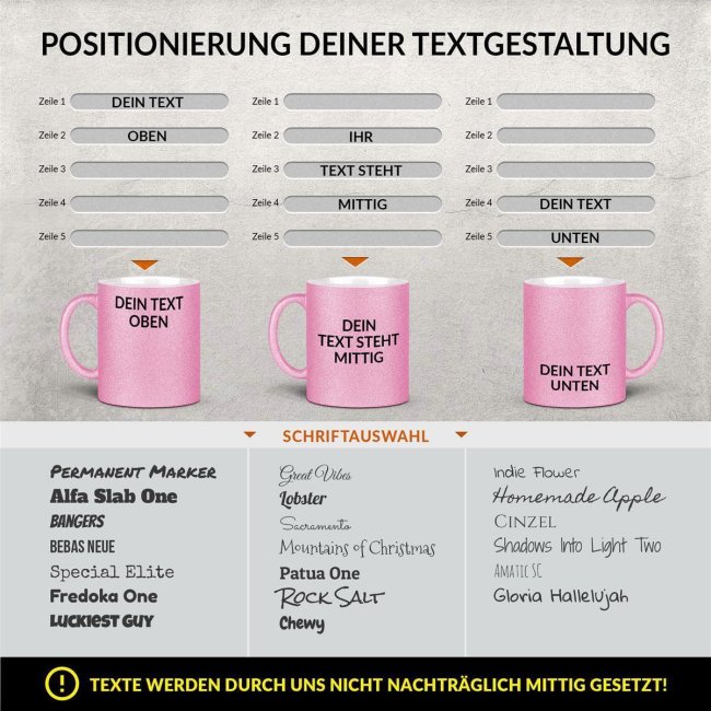Glitzertasse selbst gestalten mit Wunschtext - Rosa - Links &amp; Rechts vom Henkel bedruckt