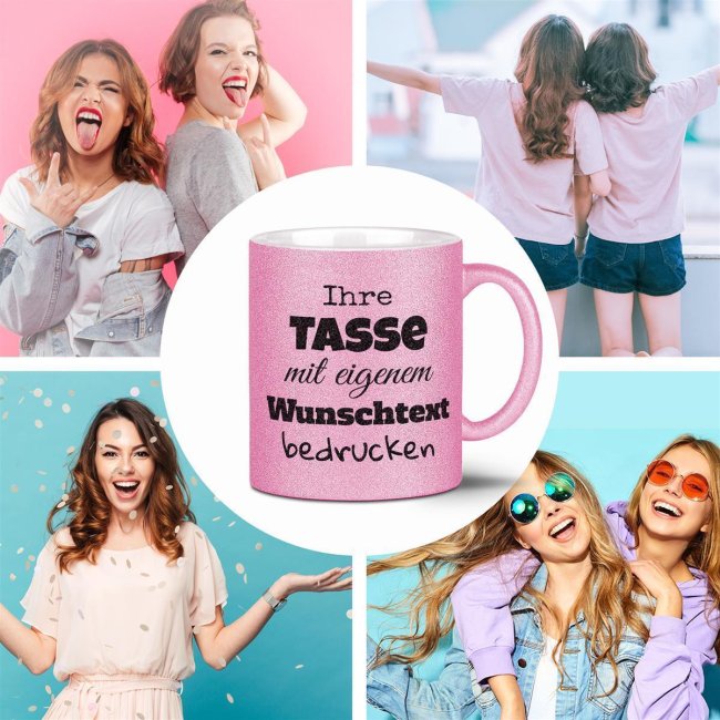 Glitzertasse selbst gestalten mit Wunschtext - Rosa - Mittig gegen&uuml;ber vom Henkel bedruckt