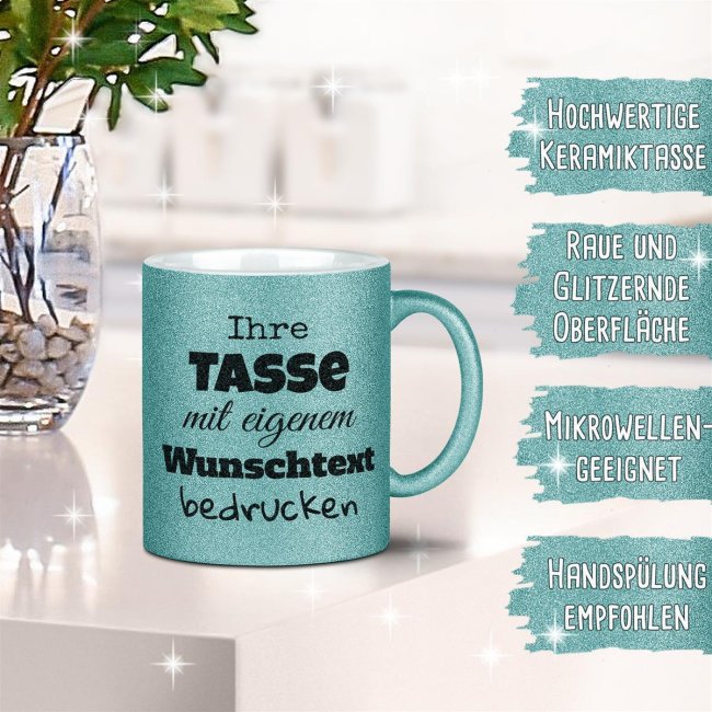 Glitzertasse selbst gestalten mit Wunschtext - Hellblau - Links &amp; Rechts vom Henkel bedruckt