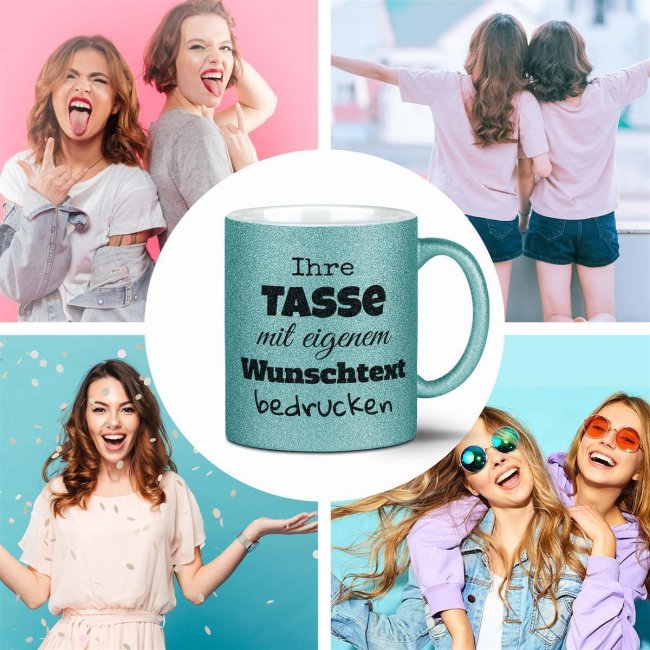 Glitzertasse selbst gestalten mit Wunschtext - Hellblau - Links &amp; Rechts vom Henkel bedruckt