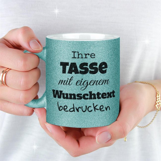 Glitzertasse selbst gestalten mit Wunschtext - Hellblau - Links &amp; Rechts vom Henkel bedruckt