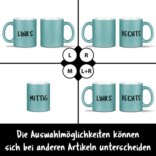 Glitzertasse selbst gestalten mit Wunschtext - Hellblau - Links &amp; Rechts vom Henkel bedruckt