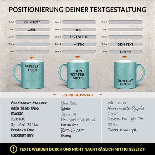 Glitzertasse selbst gestalten mit Wunschtext - Hellblau - Links &amp; Rechts vom Henkel bedruckt