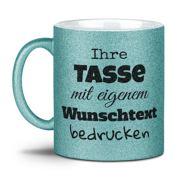 Glitzertasse selbst gestalten mit Wunschtext - Hellblau - Links &amp; Rechts vom Henkel bedruckt