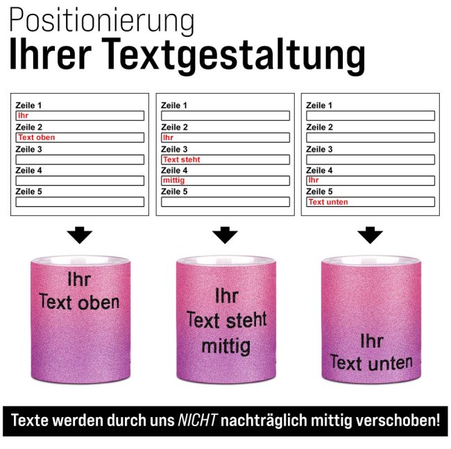 Tasse mit Glitzer - mit Text selbst gestalten - Verlauf Rosa-Pink - Links &amp; Rechts vom Henkel bedruckt