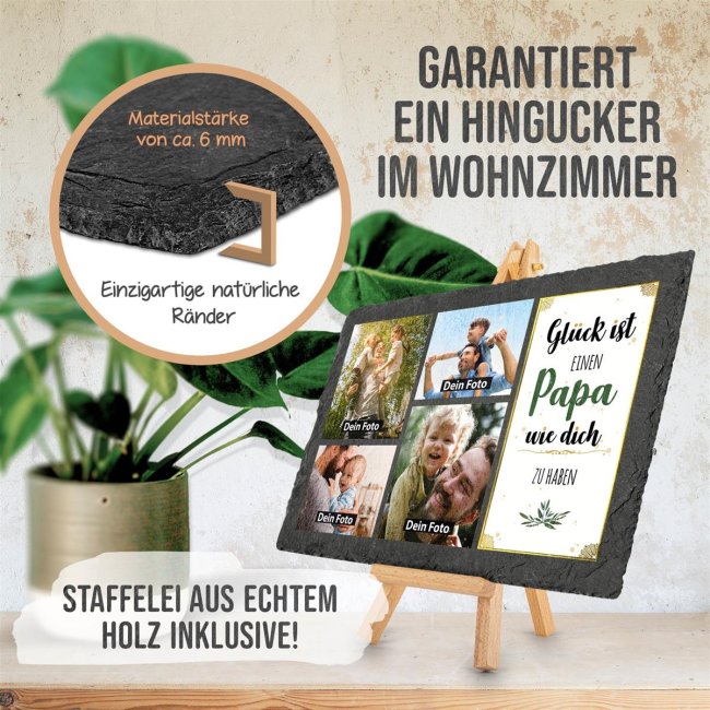 Schieferplatte f&uuml;r Papa mit Fotos gestalten - mit Staffelei - 20 x 30 cm - 4 Bilder