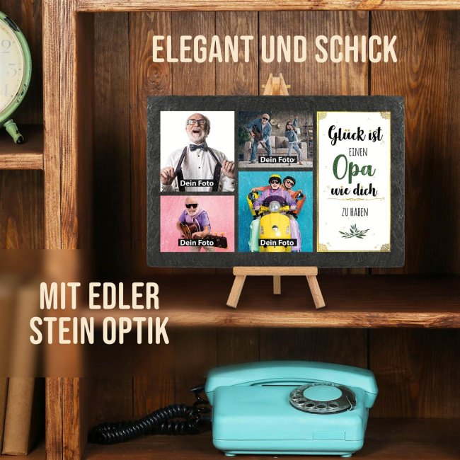 Schieferplatte f&uuml;r Opa mit Fotos gestalten - mit Staffelei - 20 x 30 cm - 4 Bilder