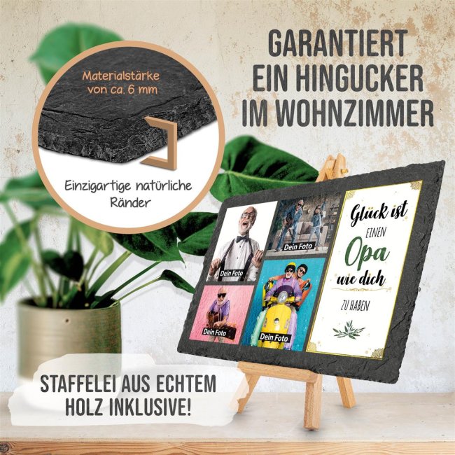 Schieferplatte f&uuml;r Opa mit Fotos gestalten - mit Staffelei - 20 x 30 cm - 4 Bilder