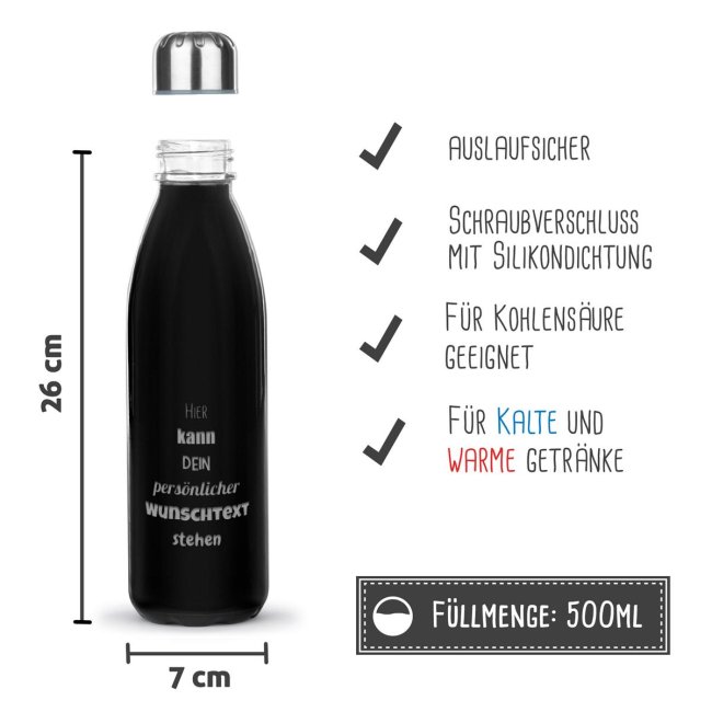 Schwarze Trinkflasche aus Glas mit Text gravieren - 650 ml