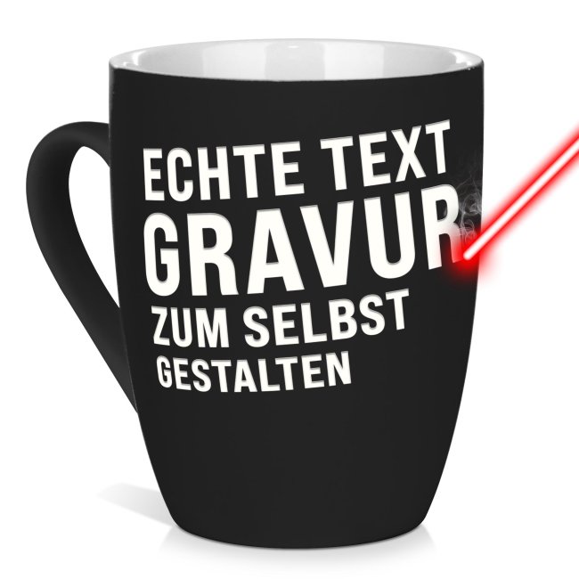 Gummierte, schmale Tasse mit Textgravur - Schwarz