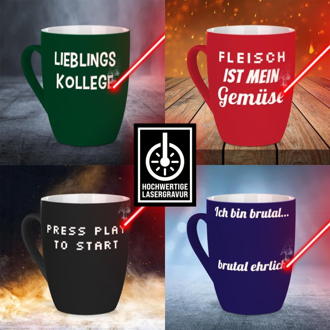 Gummierte, schmale Tasse mit Textgravur - Schwarz