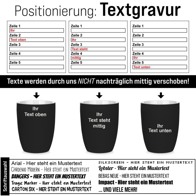 Gummierte, schmale Tasse mit Textgravur - Schwarz