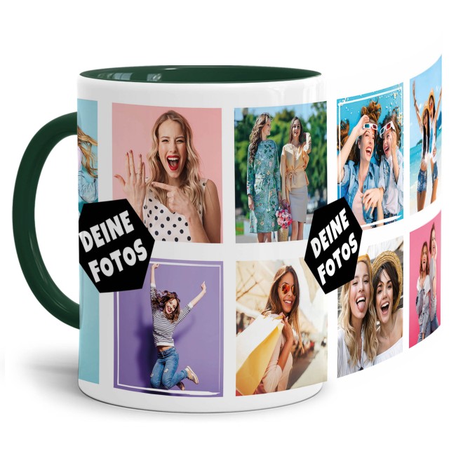 Tasse mit Fotocollage f&uuml;r 10 Fotos - Innen &amp; Henkel Dunkelgr&uuml;n