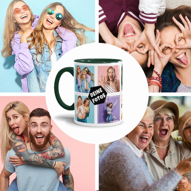 Tasse mit Fotocollage f&uuml;r 10 Fotos - Innen &amp; Henkel Dunkelgr&uuml;n
