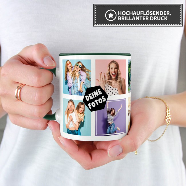 Tasse mit Fotocollage f&uuml;r 10 Fotos - Innen &amp; Henkel Dunkelgr&uuml;n