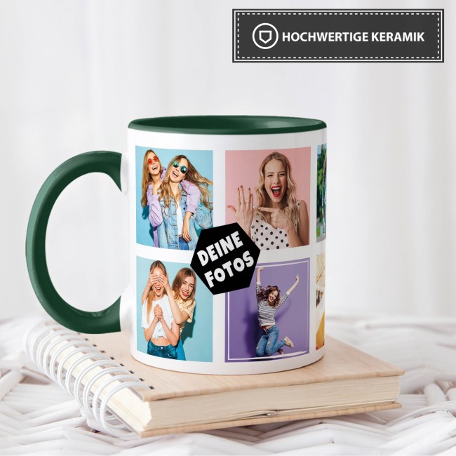 Tasse mit Fotocollage f&uuml;r 10 Fotos - Innen &amp; Henkel Dunkelgr&uuml;n