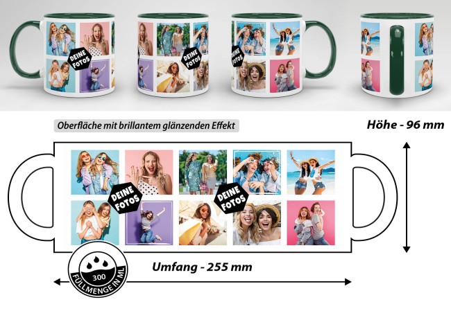 Tasse mit Fotocollage f&uuml;r 10 Fotos - Innen &amp; Henkel Dunkelgr&uuml;n