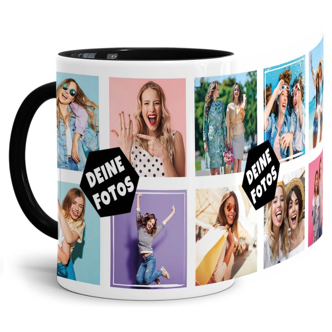 Tasse mit Fotocollage f&uuml;r 10 Fotos - Innen &amp; Henkel Schwarz