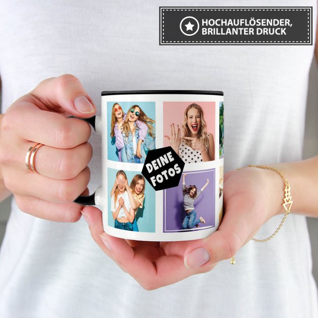 Tasse mit Fotocollage f&uuml;r 10 Fotos - Innen &amp; Henkel Schwarz