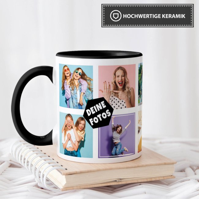 Tasse mit Fotocollage f&uuml;r 10 Fotos - Innen &amp; Henkel Schwarz