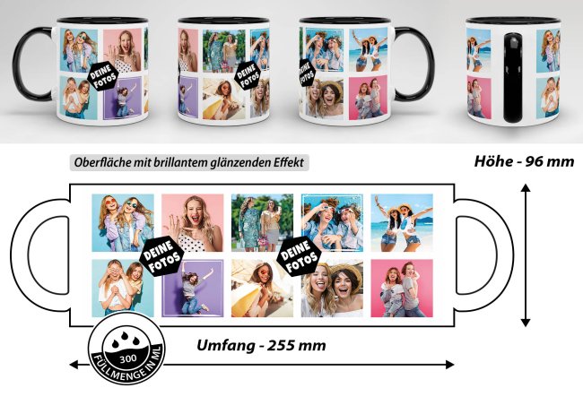 Tasse mit Fotocollage f&uuml;r 10 Fotos - Innen &amp; Henkel Schwarz