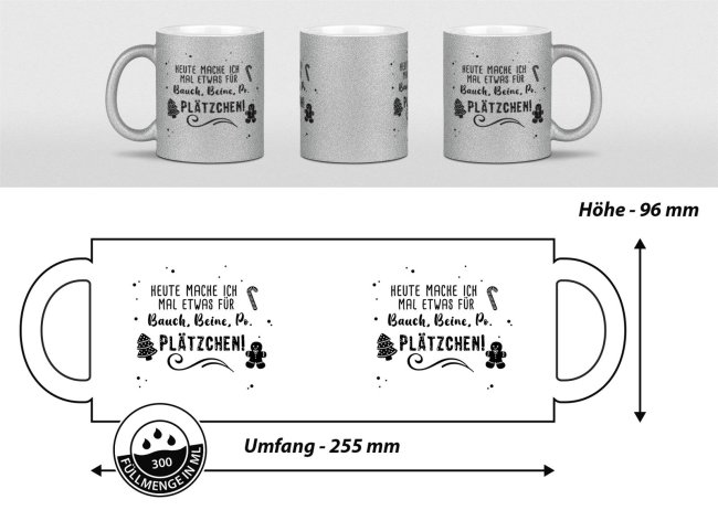 Glitzertasse Weihnachten - Bauch, Beine, Po &amp; Pl&auml;tzchen! - Silber