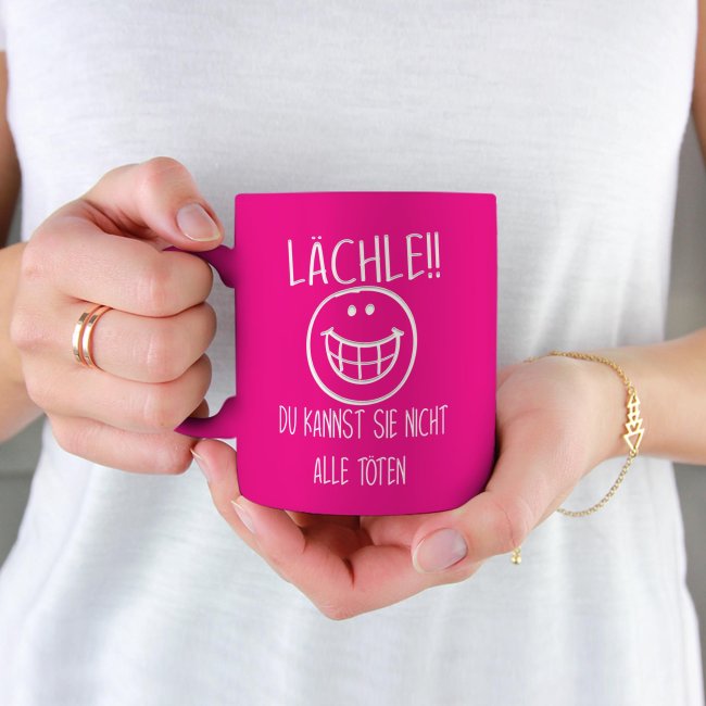 Neon Tasse mit Gravur - L&auml;chle, du kannst nicht alle t&ouml;ten  - Pink